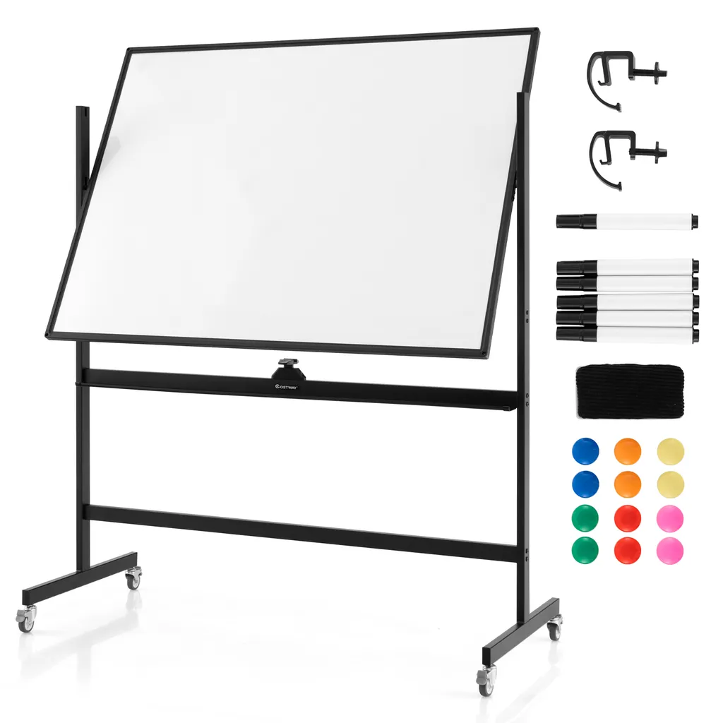 COSTWAY mobiles Whiteboard mit Alurahmen, Doppelseitige Whiteboard Höheverstellbar & 360 ° drehbar, magnetische Weißtafel mit Rollen 90x120 cm, Magnettafel Abwischbar Beschreibar inkl. Zubehöre